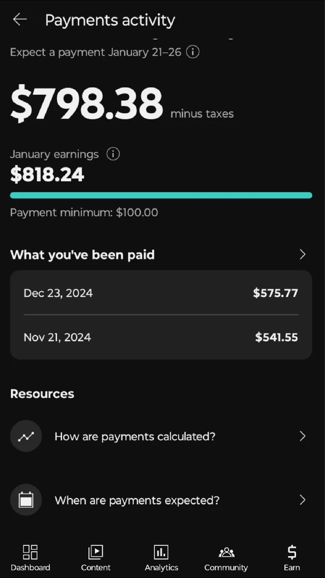 YouTube payment activity showing an expected payment of $798.38