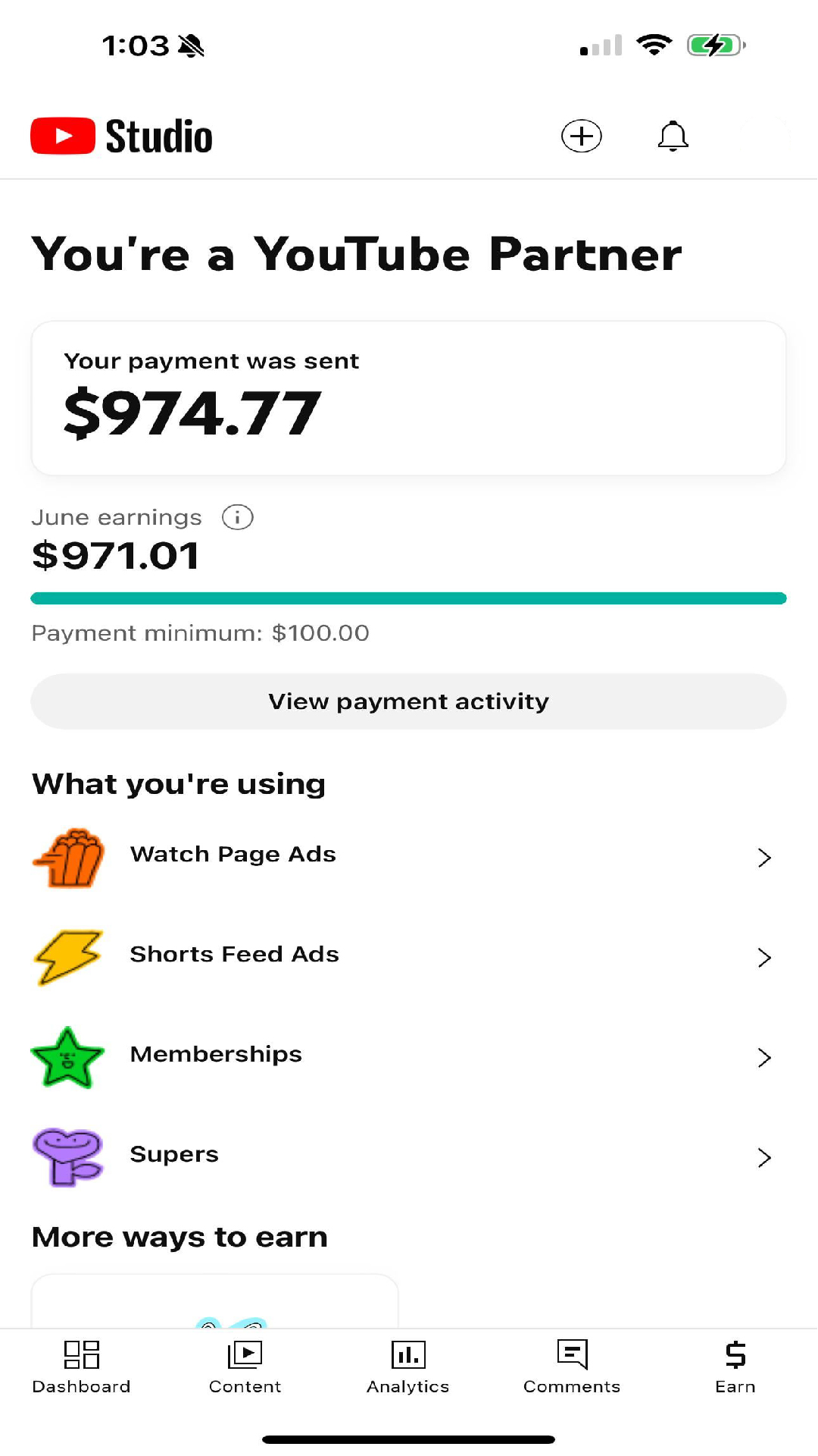 YouTube payment sent showing $974.77